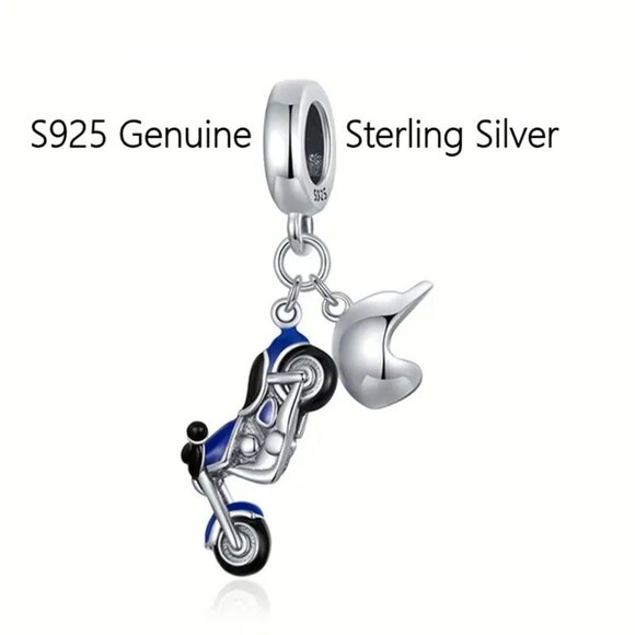 Sterling Silver Motorcycle with Helmet Charm fit ALL European Brand Bracelets - Picture 1 of 2